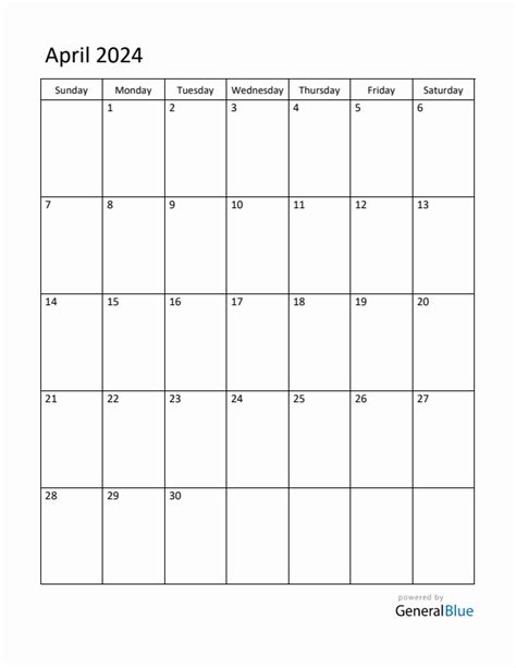 Editable April 2024 Monthly Calendar