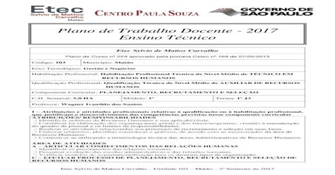 Plano de Trabalho Docente 2017 Ensino Técnico Procedimento Didático