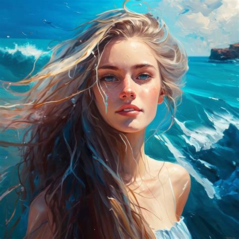 Beautiful Girl On The Background Of A Blue Ocean Portrait Art Female