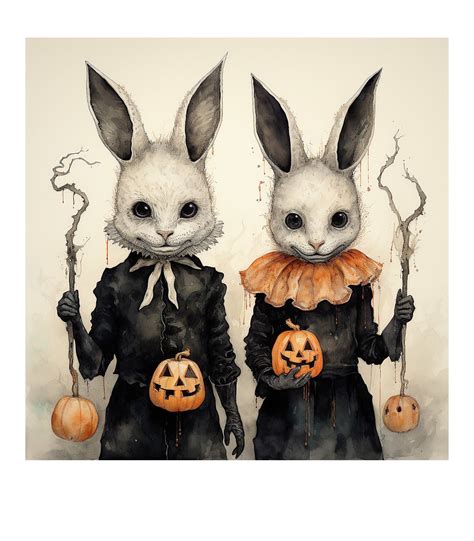 Halloween Party Rabbits In Masks With Pumpkins Printable Png Etsy