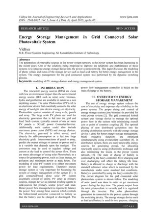 Energy Storage Management In Grid Connected Solar Photovoltaic System Pdf