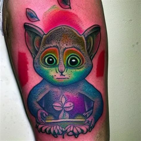 Shoulder Tattoo Of A Multicolored Trippy Bushbaby With Stable