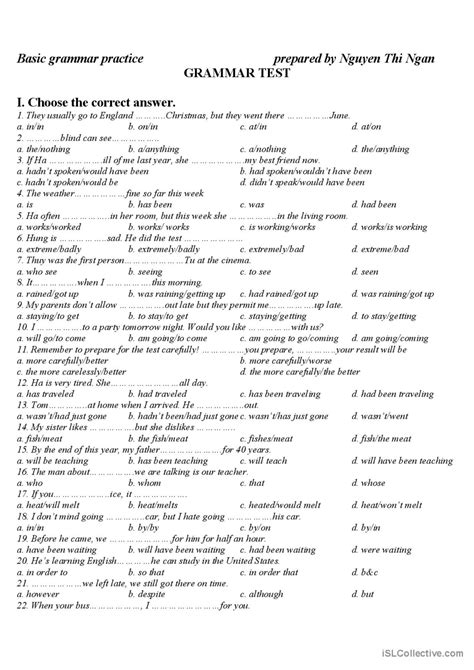 Basic Grammar Test English Esl Worksheets Pdf And Doc