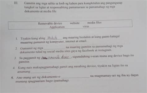 Iii Gamitin Ang Mga Salita Sa Loob Ng Kahon Para Kompletuhin Ang