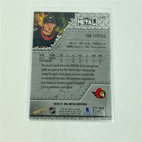 Tim Stutzle 2020-21 NHL Metal Universe Skybox Rookies Card #140 Rookie ...