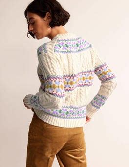 Fair Isle Pullover mit Zopfmuster Warmes Naturweiß Boden DE