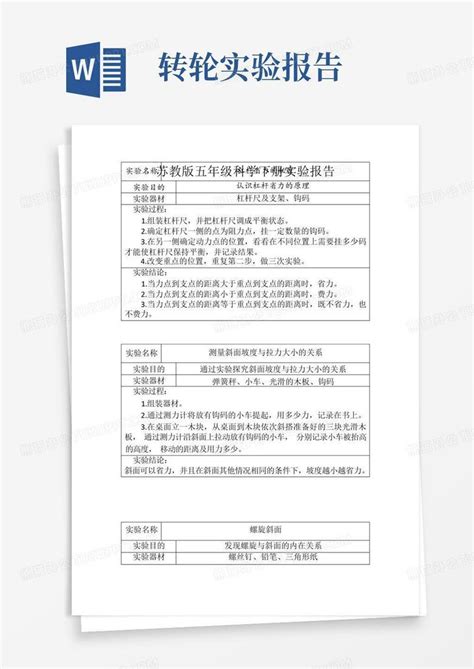 苏教版小学科学五年级下册实验报告word模板下载编号qwwraxrz熊猫办公