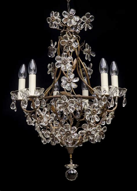 6 light Italian Florentine Antique Chandelier with crystal flowers in