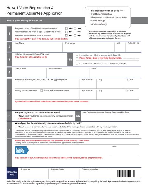 Hawaii Hawaii Voter Registration Permanent Absentee Application