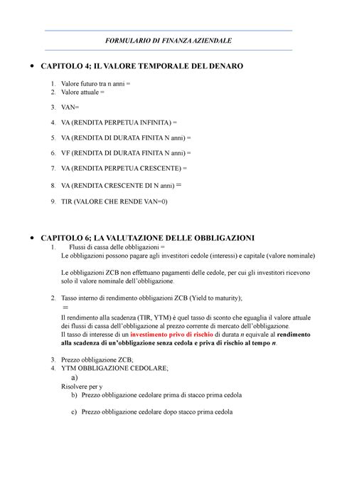 Formulario Finanza Aziendale FORMULARIO DI FINANZA AZIENDALE CAPITOLO