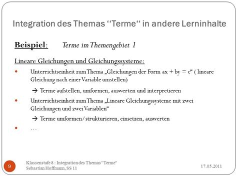 Klassenstufe Integration Des Themas Terme Dozentin Stdin