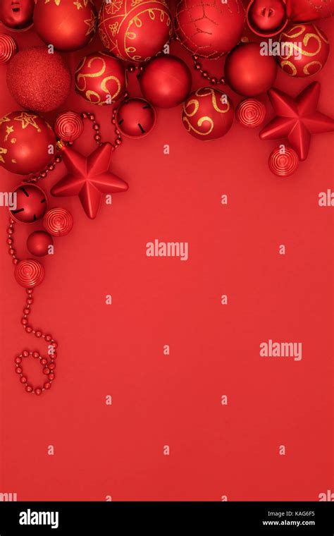 Christmas Red Bauble Background Border With Round Star Shape And Bead