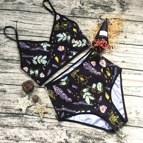 Sexy Black Flower Print Desert Floral Swimsuit Sweet Girl Bathing Suit