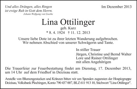 Traueranzeigen Von Lina Ottilinger Zeit Des Gedenkens De