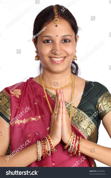 Traditional Indian Woman Greeting Namaste Stock Photo 83694841