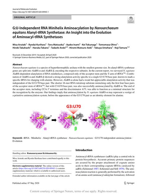 G:U-Independent RNA Minihelix Aminoacylation by Nanoarchaeum equitans Alanyl-tRNA Synthetase: An ...