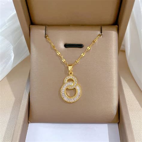 Fine Jewelry Dainty Gold Plated Bling Zircon Double Round Pendant Necklace Buy Double Round