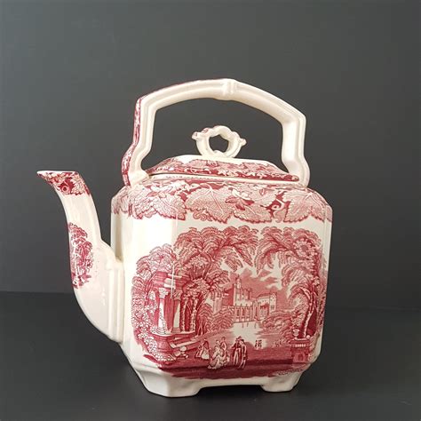 Masons Vista Red Teapot Red Pink Transferware Teapot Cups Vintage