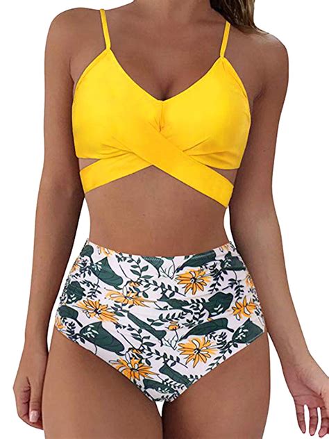 Bangyeer Women Cross Wrap Halter Bikini Set High Waisted Bathing Suits