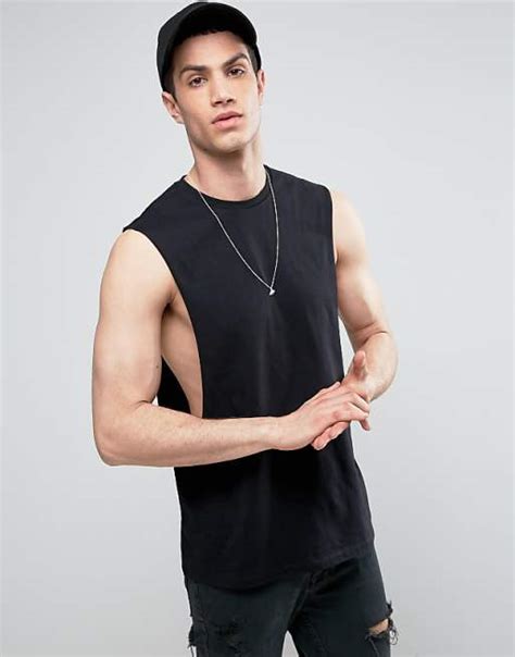 Asos Sleeveless T Shirt With Extreme Dropped Armhole In Black Asos