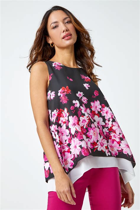 Cerise Sleeveless Floral Double Layer Top Roman Uk