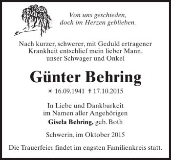 Traueranzeigen von Günter Behring Trauer Nordkurier