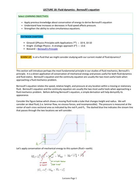 Pdf Lecture Fluid Dynamics Bernoulli S Equationfliphysics