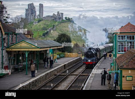 Swanage Steam Railway Train Arriving In Corfe Castle Railway Station