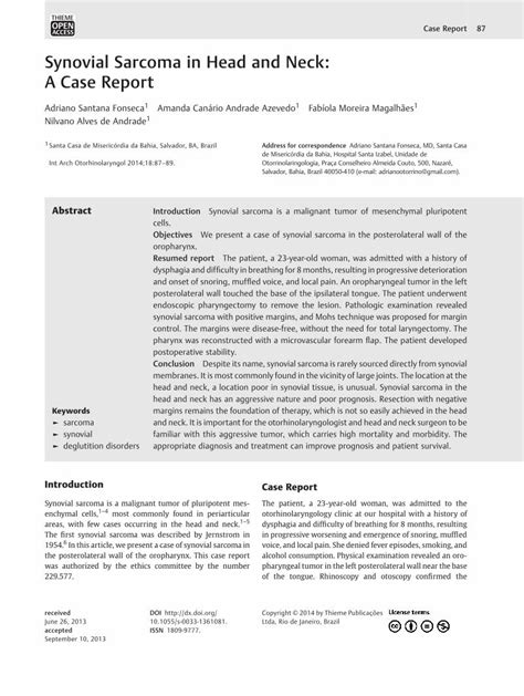 Pdf Synovial Sarcoma In Head And Neck A Case Report Sarcoma In Head