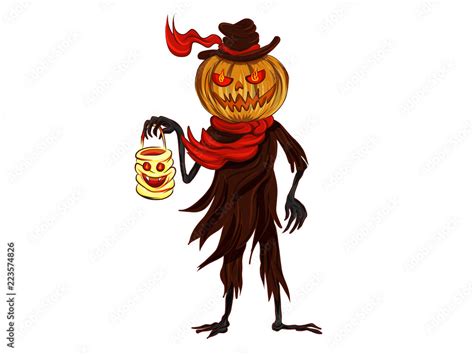 Jack o lantern holding a smiling mummy monster head lantern isolated on white background. Stock ...