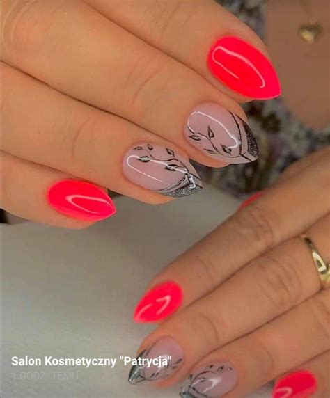 Neonowe czerwone nude beżowe listki zdobienie Red Nails Nail Art