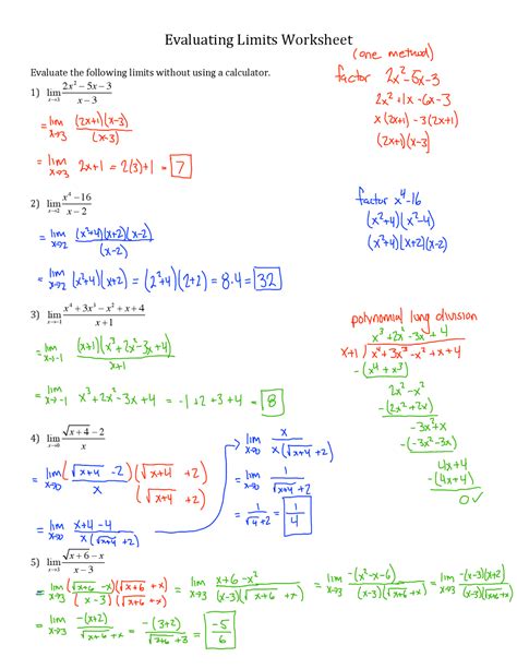 Evaluating Limits Worksheet Solutions Precalculus Exercises