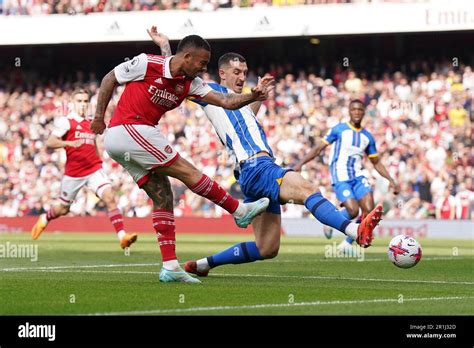 Arsenals Gabriel Jesus Left Shoots Towards Goal During The Premier