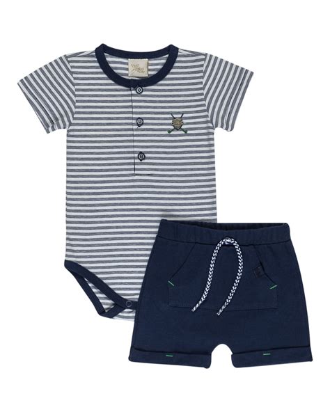 Conjunto Body Bebê Manga Curta Menino Short 100 Algodão Anjos Baby