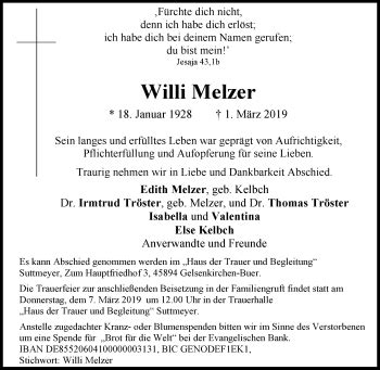 Traueranzeigen Von Willi Melzer Trauer In NRW De