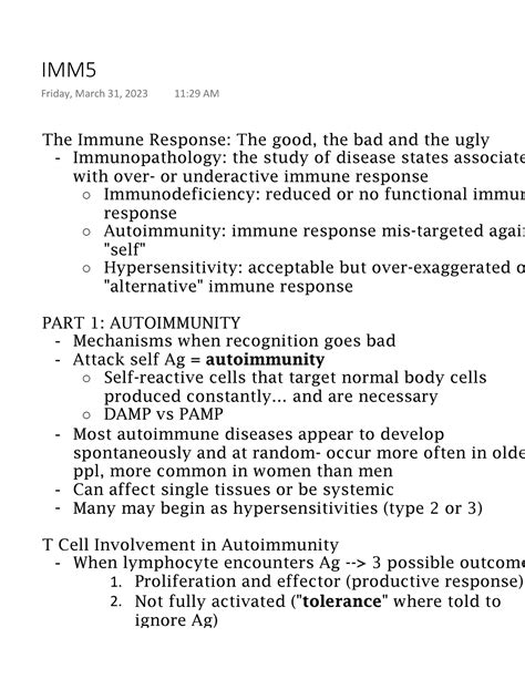 IMM5 Lecture Notes The Immune Response The Good The Bad And The