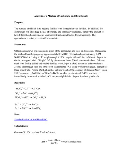 Experiment Three Analysis Of A Mixture Of Carbonate And Bicarbonate