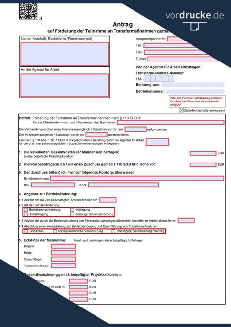 Antrag Auf Auf F Rderung Der Teilnahme An Transferma Nahmen