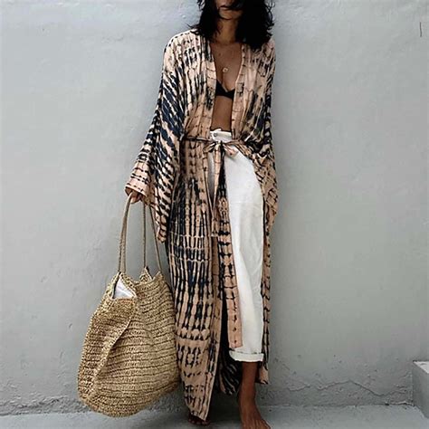 Cubre Bikini Cárdigan Kimono Largo De Playa De Manga Larga Tie Dye Para Mujer Women s Fall