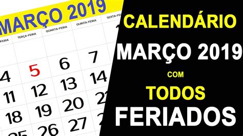 CALENDÁRIO MARÇO 2019 FERIADOS PARA IMPRIMIR YouTube