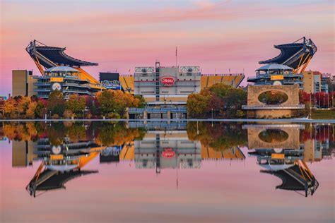 Reflections of Heinz Field in the fountain in Pittsburgh - Sunrise ...