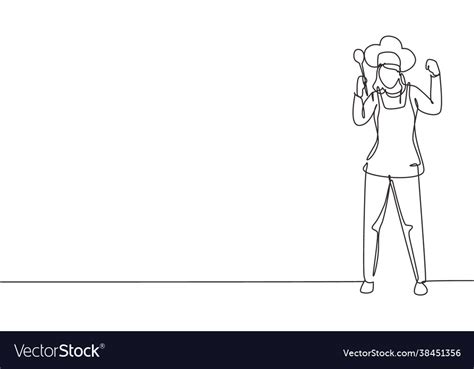 Single One Line Drawing Female Chef Stands Vector Image