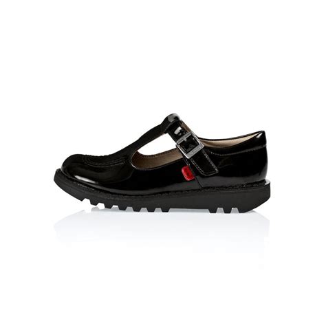 Girls Kickers Kick T Bar Junior School Shoes Black Patent