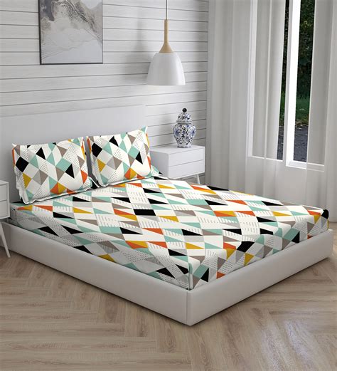 Buy Multicolor Geometric Tc Cotton King Sized Bed Sheets With