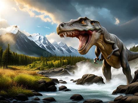 Tyrannosaurus Rex T Rex Dinosaur Roaring In A Prehistoric River Ai