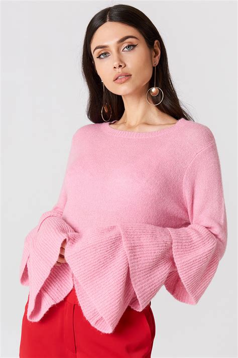 Flounce Sleeve Knitted Sweater Pink Na Kd