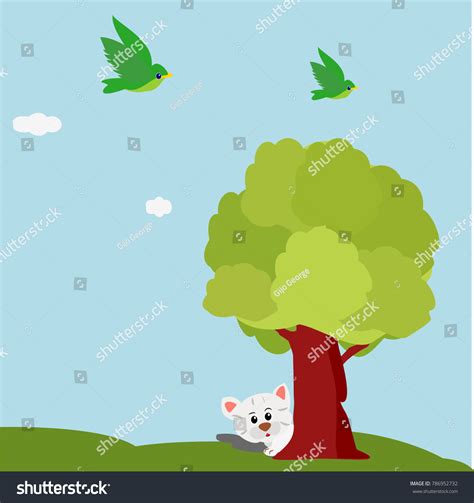 Cat Hiding Behind Tree Vector Illustration Stock Vector Royalty Free