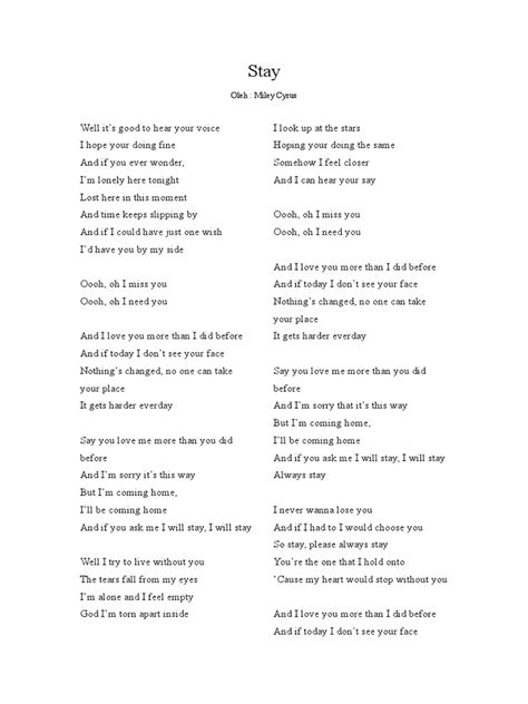 Stay": A Song Lyrics Document Featuring the Full Lyrics to Miley Cyrus ...