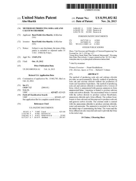 US Paten With Calcium Chloride Solvay Process | PDF | Sodium Carbonate | Chemical Process ...