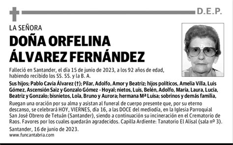 Do A Orfelina Lvarez Fern Ndez Esquela Necrol Gica El Diario Monta S